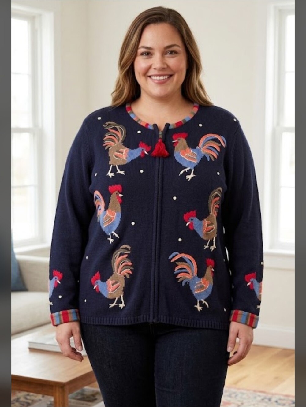 CJ Banks Christopher & Banks 1X Rooster Embroidered Zip Up Cardigan Navy Sweater